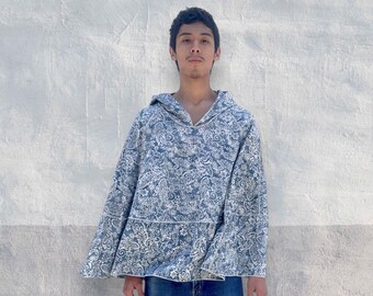 Hooded Batik Poncho | 100% Cotton Boho Yoga Cape | Indigo Garden Print