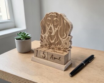 Calendario perpetuo in legno grande / Calendario con bassotto / Calendario con blocchi di legno / Agenda giornaliera / Regalo ecologico