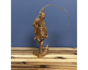Escultura vintage de madera tallada a mano de un viejo pescador chino, 29 cm de alto y 8,9 cm de alto.