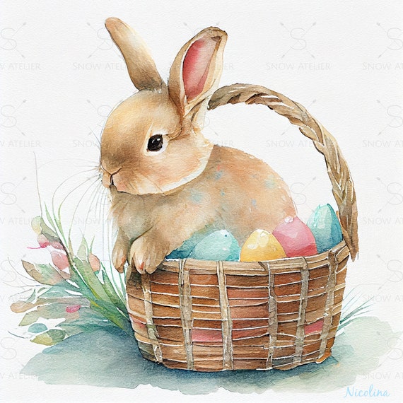 Stuffed Woman Rabbit Bunny w Straw Basket of Cloth Eggs Spring Easter Decor