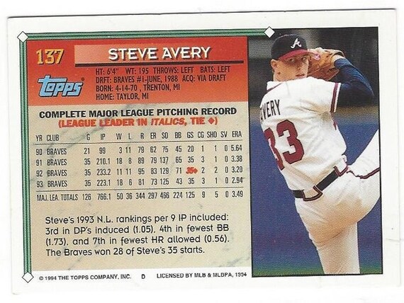 Steve Avery Baseball Card 1993 615 Pitcher Atlanta