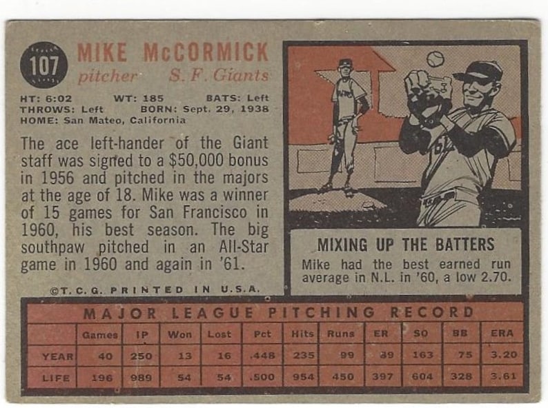 1962 MIKE McCORMICK San Francisco GIANTS original vintage 1962 Topps baseball card number 107