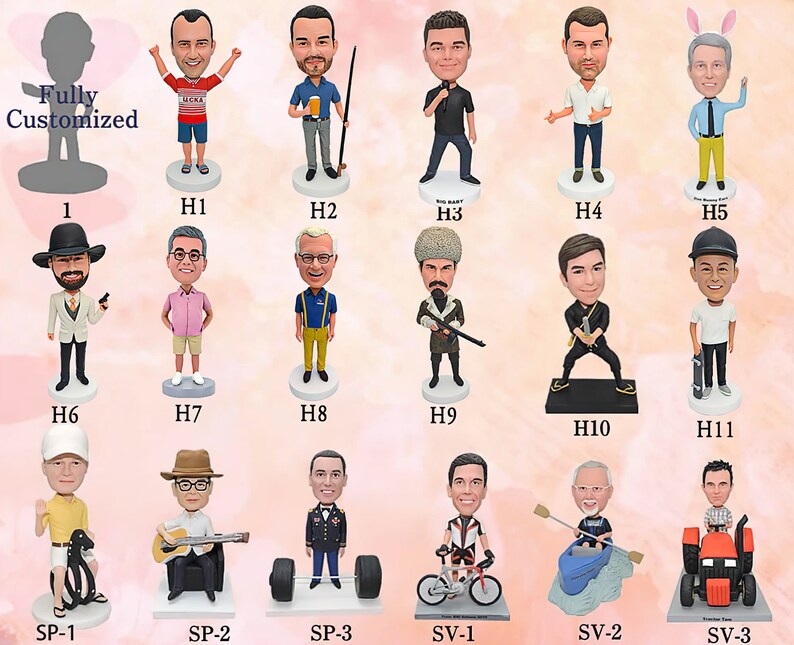 May include: A collection of 12 custom bobbleheads, each with a unique pose and personality. The bobbleheads are made of high-quality materials and are perfect for adding a touch of fun to any home or office.