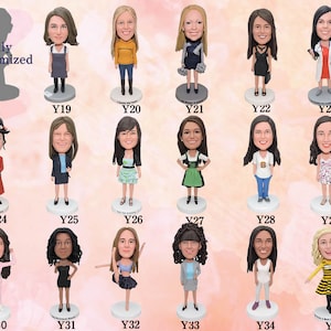 May include: A collection of 35 custom bobbleheads, each featuring a different person in a variety of poses and outfits. The bobbleheads are all made of a white material and have a round base.