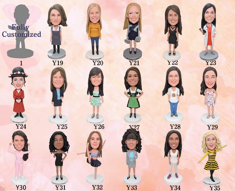 May include: A collection of 35 custom bobbleheads, each featuring a different person in a variety of poses and outfits. The bobbleheads are all made of a white material and have a round base.