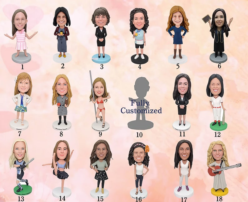 May include: A collage of 18 images showcasing various custom bobbleheads. Each bobblehead is a unique, personalized figurine with a variety of poses and accessories. The bobbleheads are all female and feature different hairstyles, clothing, and accessories. The text "Fully Customized" is displayed in the center of the collage.