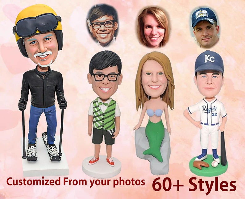 May include: Six custom bobbleheads in various poses and outfits. The bobbleheads are made to look like real people and are a fun way to personalize a gift or home decor.  The bobbleheads are shown in a variety of poses, including skiing, wearing a vest, a mermaid, a baseball player, and a biker.