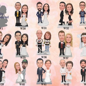 Puede incluir: Un collage de 13 diferentes mu&ntilde;ecos cabezones de boda, cada uno con una pareja &uacute;nica en varias poses. Los mu&ntilde;ecos cabezones son totalmente personalizables y se pueden personalizar con diferentes peinados, ropa y accesorios.