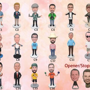 May include: A collection of 17 personalized bobbleheads, each featuring a different person with unique clothing and accessories. The bobbleheads are displayed in rows, with the text "Opener/Stopper" below the bottom row. The bobbleheads are all in a standing position, and some are holding objects such as a microphone, a camera, and a fishing rod.