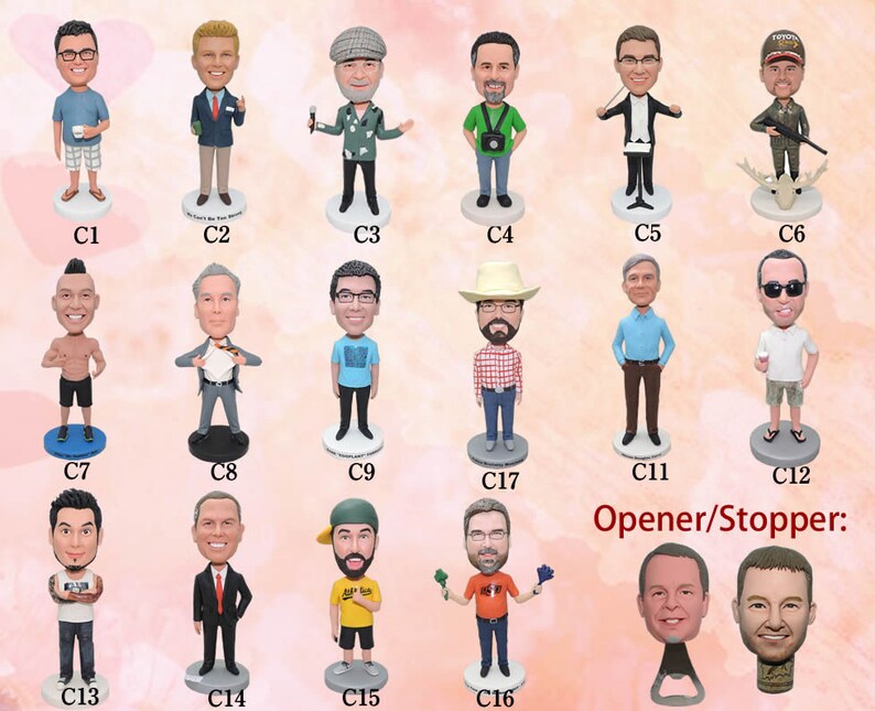 May include: A collection of 17 personalized bobbleheads, each featuring a different person with unique clothing and accessories. The bobbleheads are displayed in rows, with the text "Opener/Stopper" below the bottom row. The bobbleheads are all in a standing position, and some are holding objects such as a microphone, a camera, and a fishing rod.