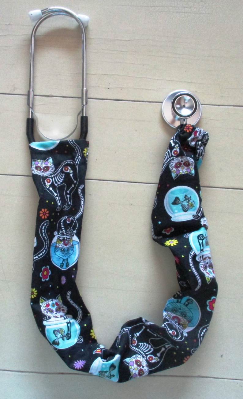 Day Of The Dead Kitty Black* Stethoscope Cover Medical Nursing RN CNA Pediatric DR  Healthcare Vetinary Respiratory Therapist Scrunchy