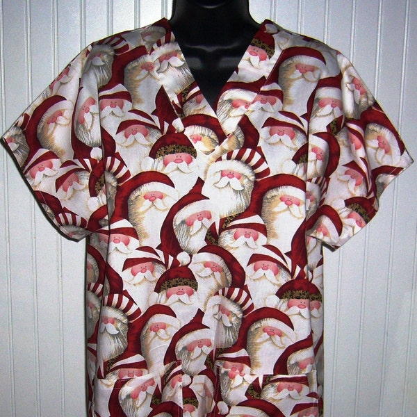 Christmas *Old Fashion Santa Faces* RN Medical Nursing Relaxed Fit Scrub shirt CNA Pediatrics Vetinary Healthcare Vet Medical Assistant XRay