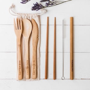 Bamboo Cutlery - Zero Waste set - With Travel Pouch - Food Safe - Reusable
