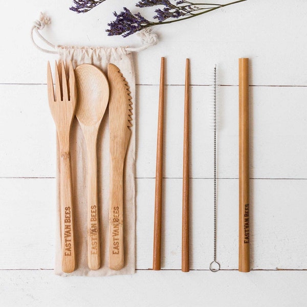 Bamboo Cutlery - Zero Waste set - With Travel Pouch - Food Safe - Reusable