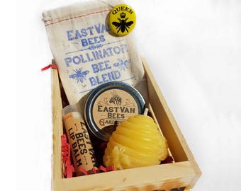 Gardeners / Bee Lovers gift basket with 100% Beeswax Skep beehive Candle, Pollinator Seed pack, Lip Balm, Gardeners Moisturizing Salve