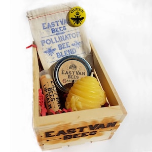 Gardeners / Bee Lovers gift basket with 100% Beeswax Skep beehive Candle, Pollinator Seed pack, Lip Balm, Gardeners Moisturizing Salve