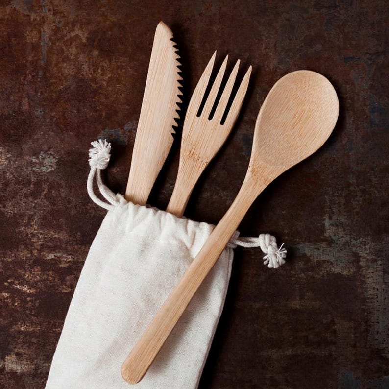 Bamboo Cutlery - Zero Waste set - With Travel Pouch - Food Safe - Reusable image 2
