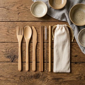 May include: A bamboo cutlery set including a fork, spoon, knife, two chopsticks, a straw, and a cleaning brush, all stored in a beige drawstring pouch. The utensils are light brown with a smooth finish, arranged neatly on a dark wooden surface.