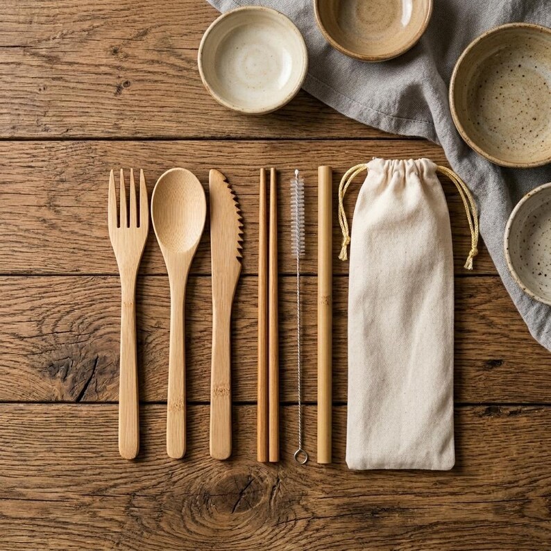May include: A bamboo cutlery set including a fork, spoon, knife, two chopsticks, a straw, and a cleaning brush, all stored in a beige drawstring pouch. The utensils are light brown with a smooth finish, arranged neatly on a dark wooden surface.