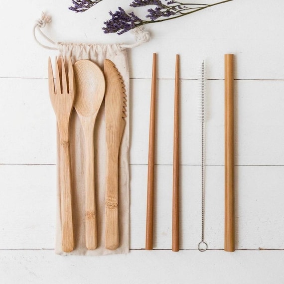 Bamboo Cutlery - Zero Waste set - With Travel Pouch - Food Safe - Reusable