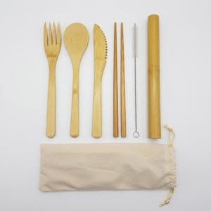 Bamboo Cutlery - Zero Waste set - With Travel Pouch - Food Safe - Reusable image 6