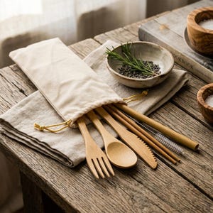 May include: A set of bamboo cutlery including a fork, spoon, and serrated knife, along with a bamboo straw and a small cleaning brush. These items are partially tucked into a light beige fabric drawstring pouch made of natural cotton material.