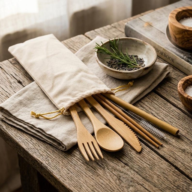 May include: A set of bamboo cutlery including a fork, spoon, and serrated knife, along with a bamboo straw and a small cleaning brush. These items are partially tucked into a light beige fabric drawstring pouch made of natural cotton material.