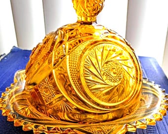 Kemple Vtg Amber Carnival  Glass  Aztec Pinwheel 2 pc Candy / Whatever Dish