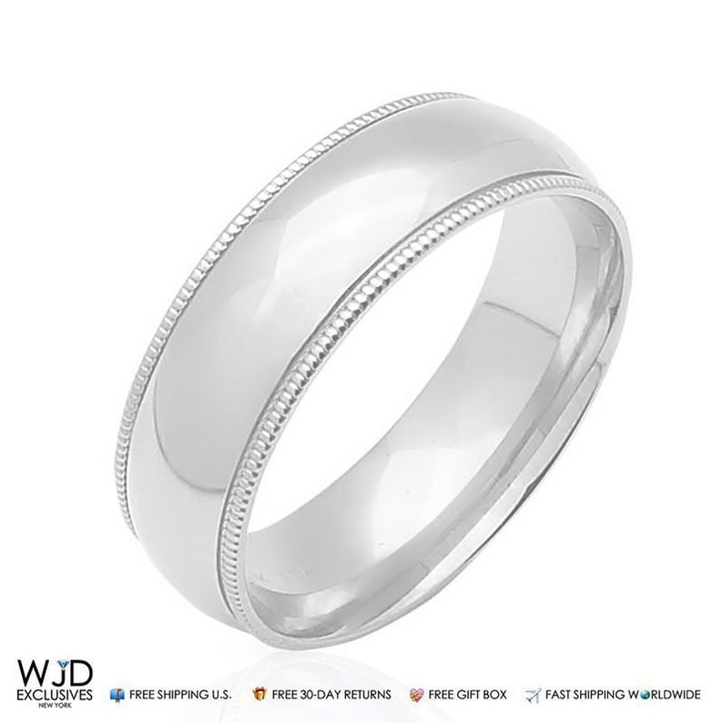 14k Solid White Gold 6mm High Polish Milgrain Wedding Band Ring Size 8