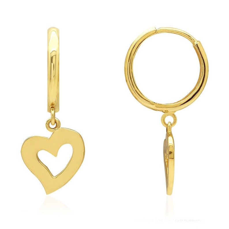 14k Yellow Gold Polished Heart Dangle Drop Huggie Hoop Earrings