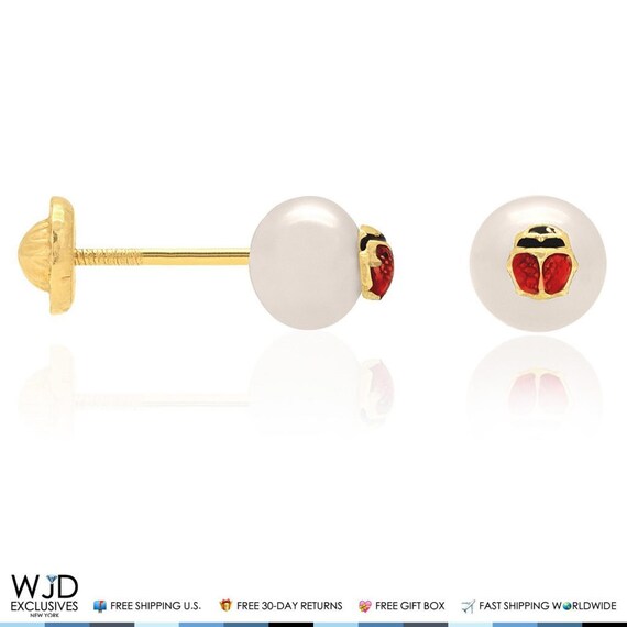 14K Solid Yellow Gold Red Enamel Small Ladybug Screw Back Stud Kids Earrings 3mm
