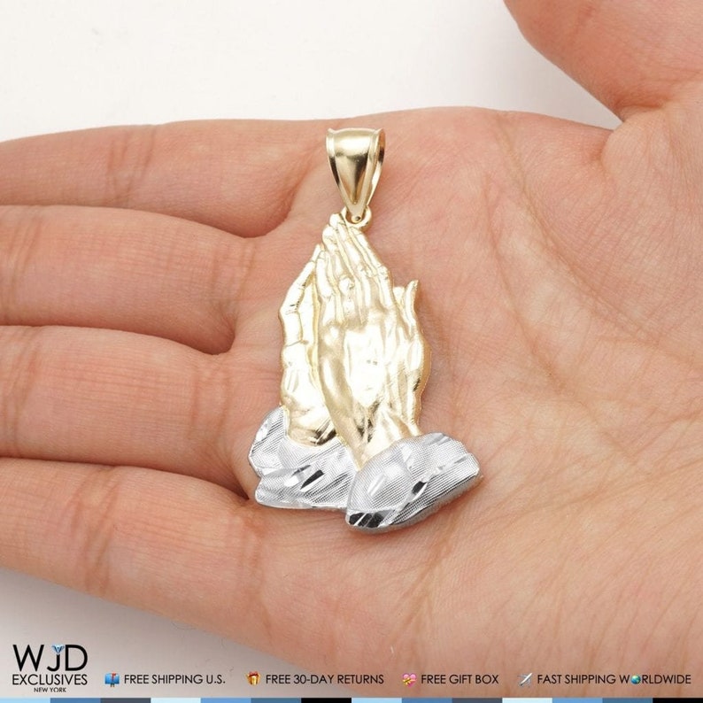 14k Solid Yellow And White Gold Praying Hands Religious Charm Pendant 2