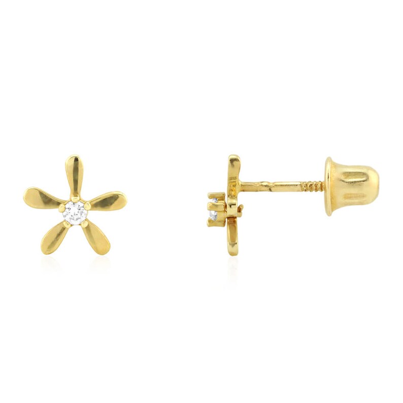 14k Yellow Gold CZ High Polished Flower Screwback Stud Earrings