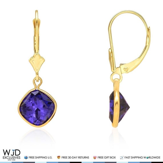 Bezel Set Square Ruby Birthstone Drop Dangle Leverback Earrings 14K Yellow Gold
