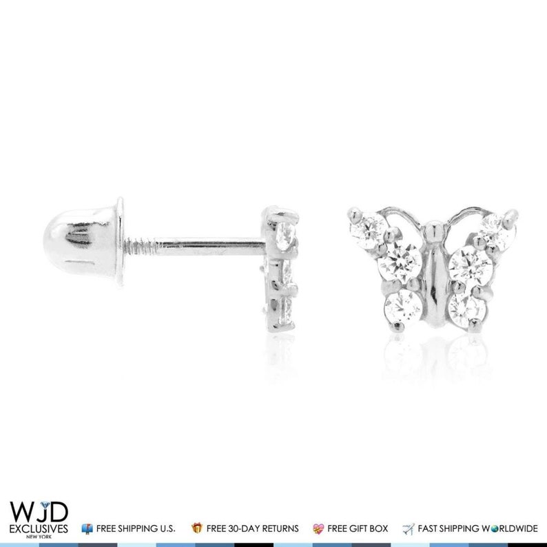 14K Solid White Gold Peridot /& Ruby Butterfly Baby Screwback Stud Kids Earrings