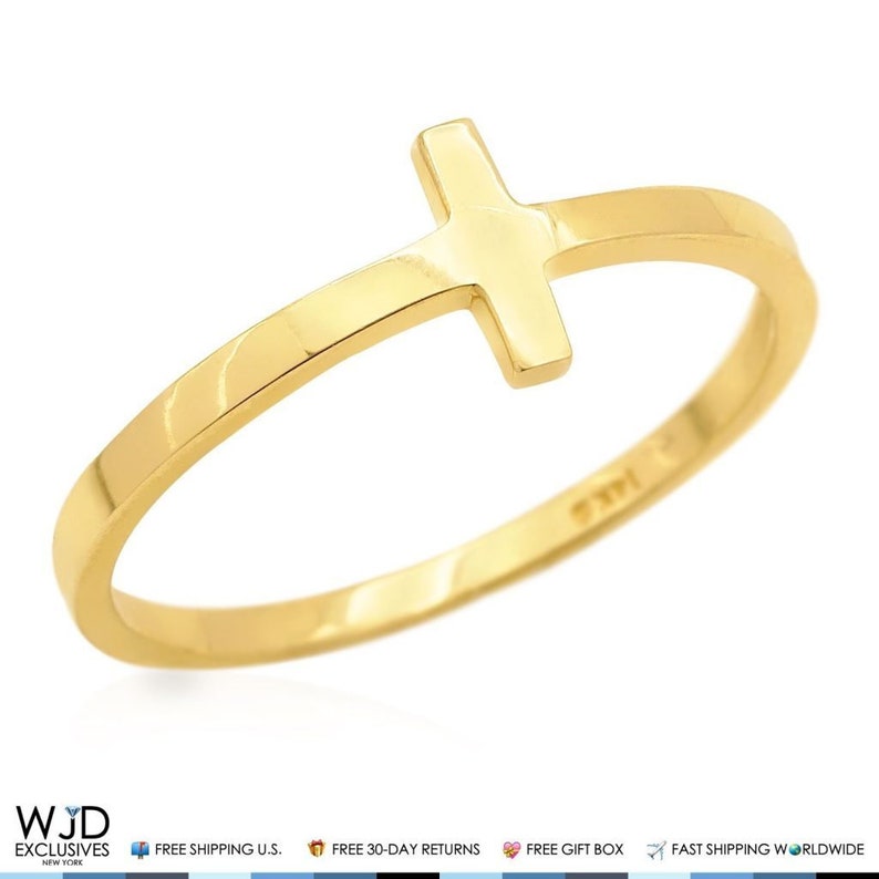 14k Solid Yellow Gold Polished Sideways Cross Design Ring Size 5-8