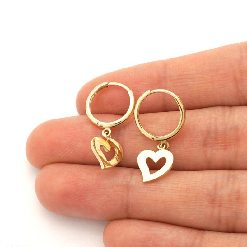 14k Yellow Gold Polished Heart Dangle Drop Huggie Hoop Earrings