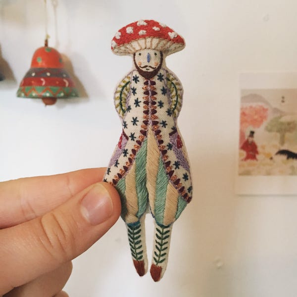 Mushroom man hand embroidered doll