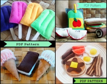 SET of 3 Felt Food PDF Patterns----Breakfast, Lunch Sack Set, Ice Cream Treats--Play Food