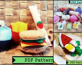 SET OF 3 Felt Food PDF Patterns---Hamburger and French Fries Set, Tea Party Set, Chicken Dinner Set---Play Food