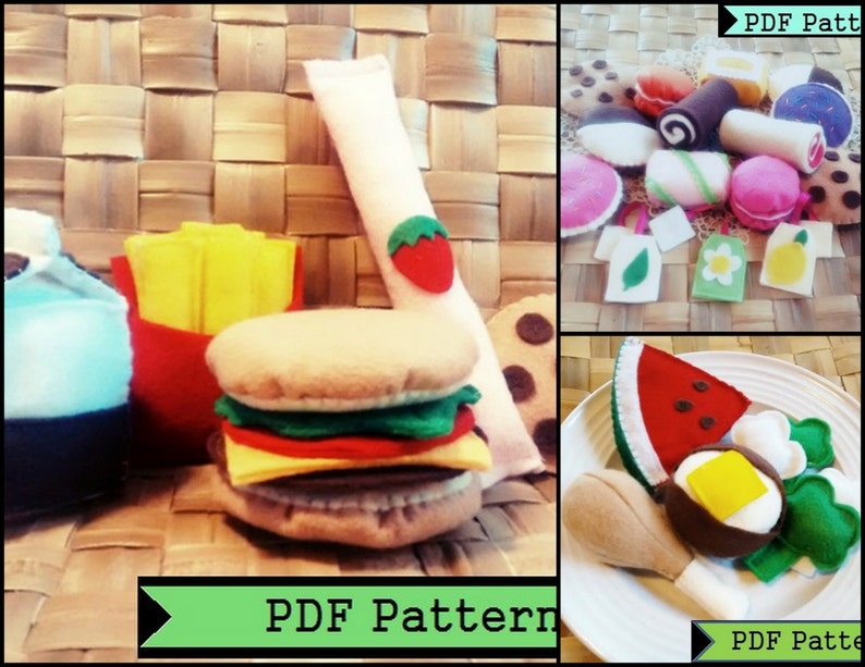 May include: A collection of felt food items, including a hamburger, french fries, sushi rolls, watermelon slices, and miniature shirts. The items are arranged on a woven background. The text "PDF Pattern" is visible.