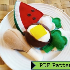 Felt Food Pattern--Chicken Dinner Set--PDF Download--Chicken Drumstick, Broccoli, Baked Potato, Watermelon