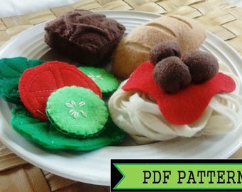 Felt Food Pattern--Spaghetti Dinner Set--PDF Download--Pasta, Meatballs, Salad, French Bread Roll, Brownie