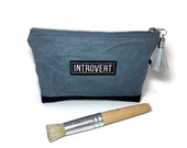 Waxed Canvas Pouch, Water Resistant Zipper Bag, Cotton Drill Makeup Bag, Black and Grey Purse, Utility Bag, Tool Pouch, Leather Tassel