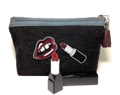 Waxed Canvas Pouch, Water Resistant Zipper Bag, Cotton Drill Makeup Bag, Black and Grey Purse, Utility Bag, Tool Pouch, Leather Tassel