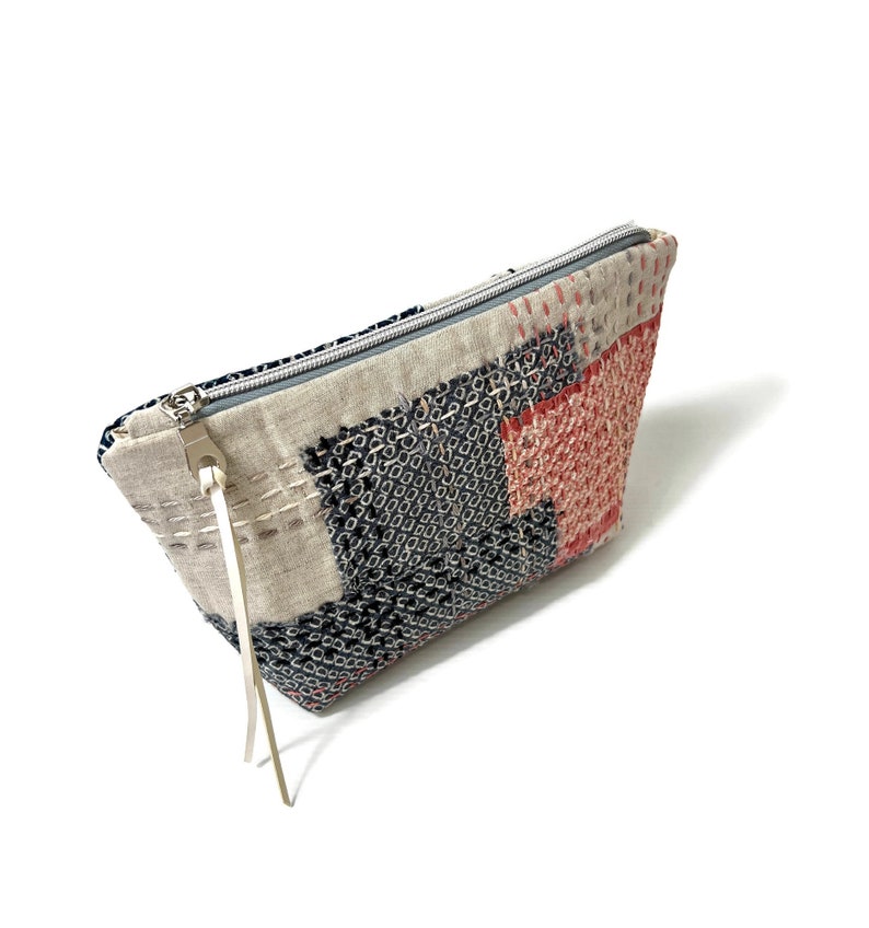 Zipper Bag, Clutch Purse, Make-up Pouch, made from Boro inspired patchwork using up cycled Silk Fabrics, Sashiko Embroidery, Japanese Style image 4