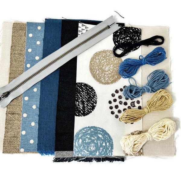 KIT only - Make your own Sashiko/Boro Pouch - Japanese patchwork - slow stitching - visible mending - Zipper Pouch - Wristlet - Fibreart