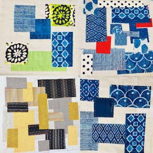 Op de afbeelding: Vier vierkante stukken stof met verschillende patronen en kleuren. De linkerbovenste vierkant heeft een groen, zwart en wit patroon. De rechterbovenste vierkant heeft een blauw en wit patroon. De linkeronderste vierkant heeft een geel, bruin en zwart patroon. De rechteronderste vierkant heeft een blauw en wit patroon.