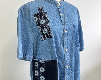 Unisex up cycled Denim Shirt with Boro patches and Sashiko hand embroidery, mid blue with dark blue patches