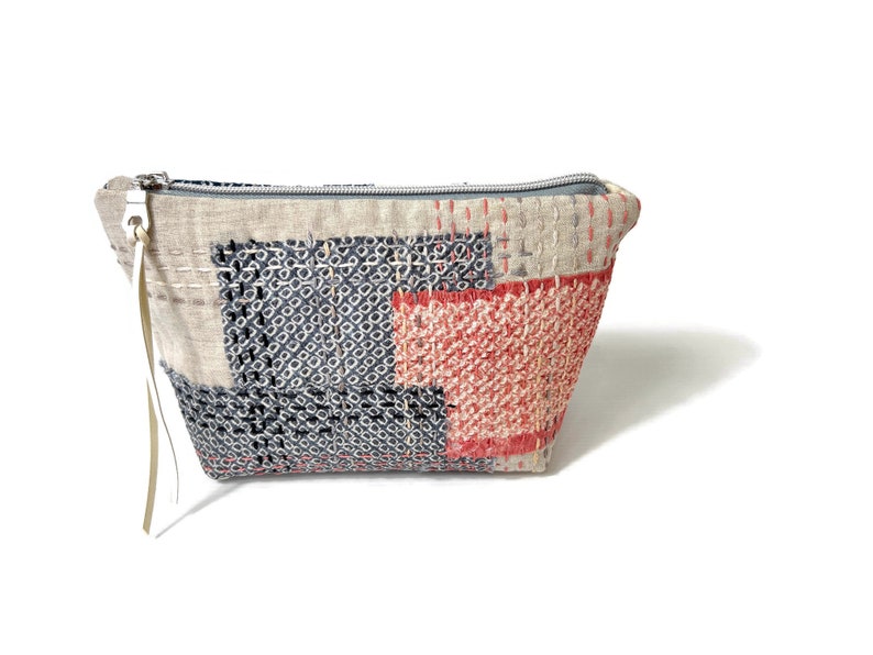 Zipper Bag, Clutch Purse, Make-up Pouch, made from Boro inspired patchwork using up cycled Silk Fabrics, Sashiko Embroidery, Japanese Style image 1